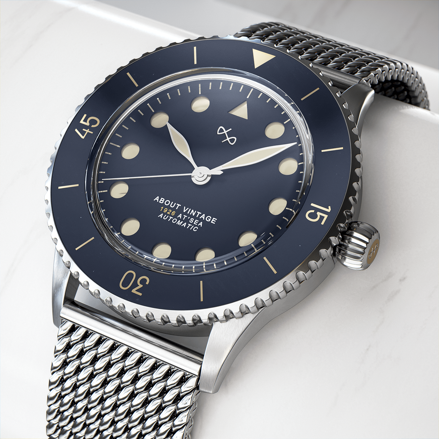 1926 Automatic by AV86 automatic diver with sapphire crystal, mesh metal strap, vintage-inspired dial, and precise bezel markings