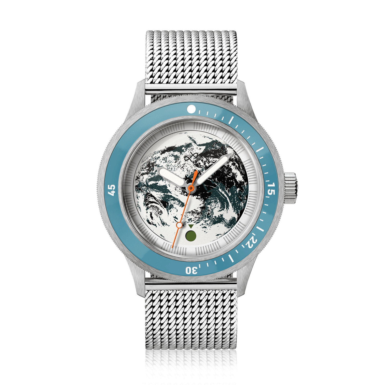 Earthrise WWF Partnership, Automatic / 2026 Edition by AV86, stainless steel mesh band with Earth-themed dial and blue bezel.