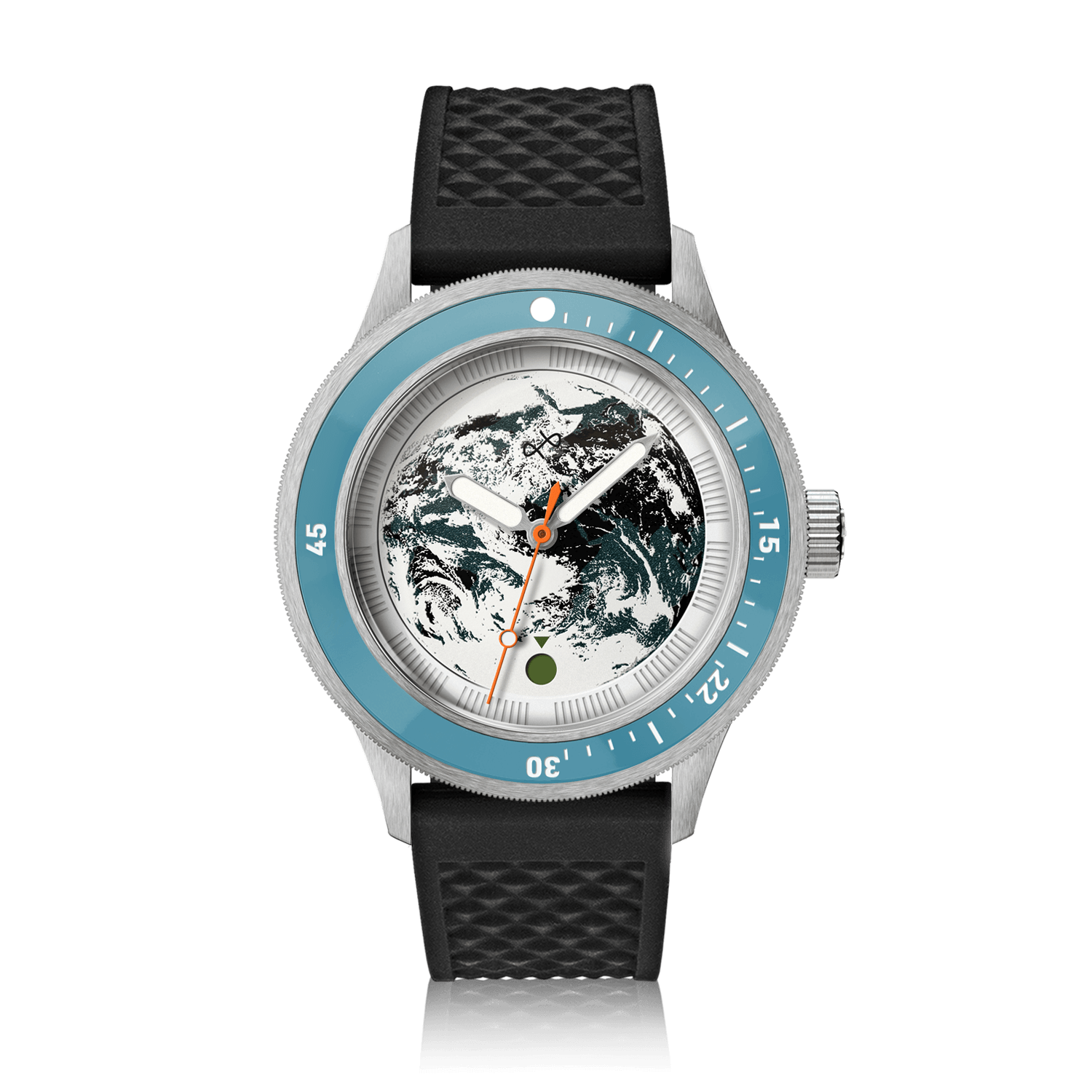 Earthrise WWF Partnership, Automatic / 2026 Edition by AV86 with Earth dial, blue bezel, and black textured silicone strap.