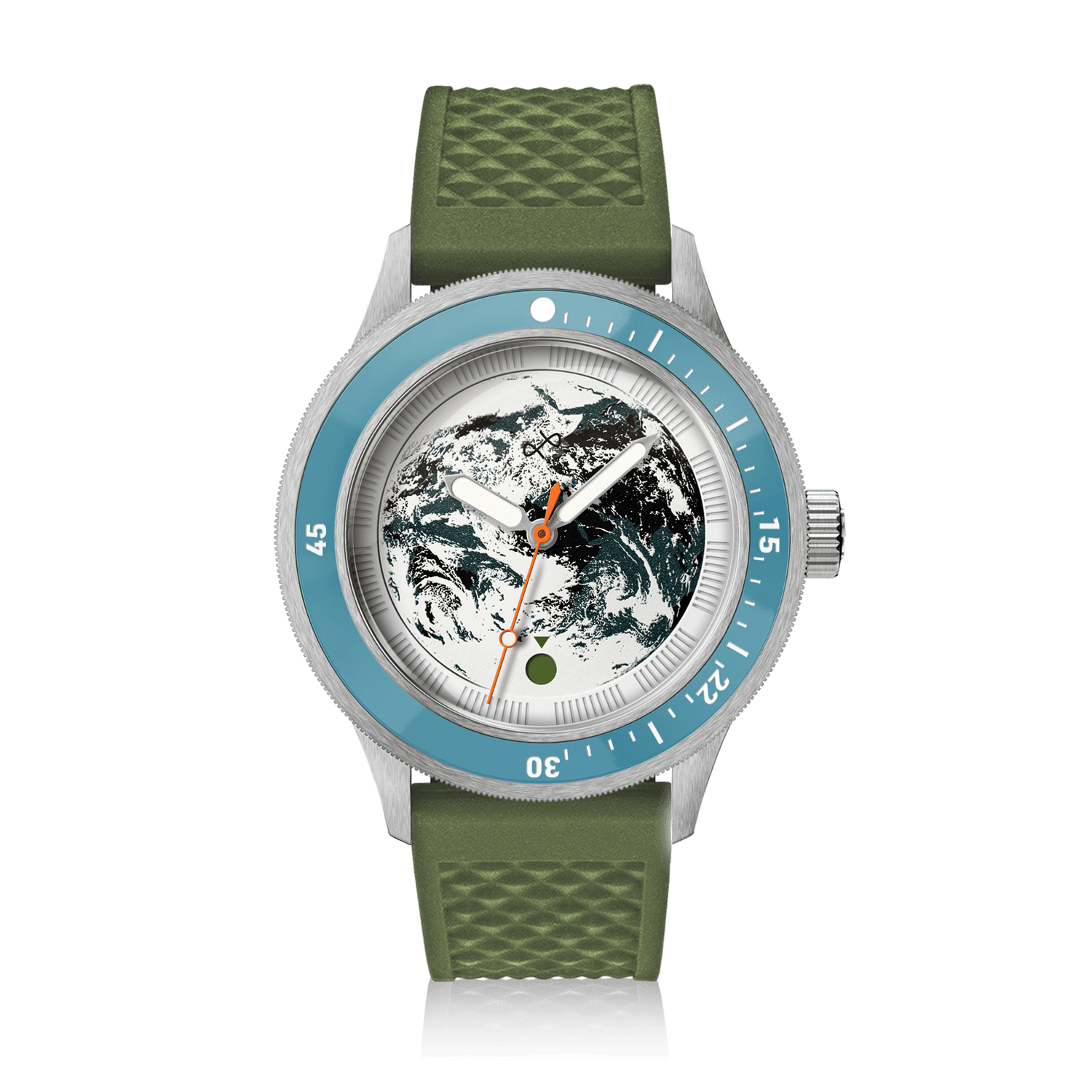 Earthrise WWF Partnership, Automatic / 2026 Edition by AV86 with green silicone strap and Earth-themed dial under blue bezel.