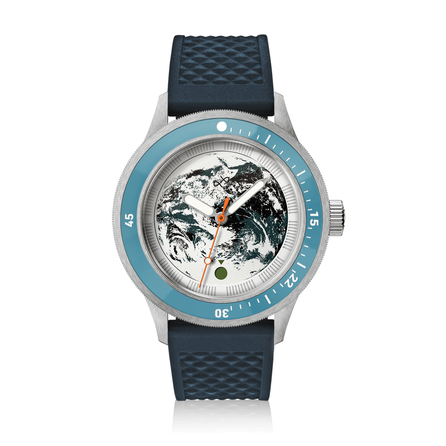 Earthrise WWF Partnership, Automatic / 2026 Edition by AV86 with blue bezel, Earth motif dial, and textured blue silicone strap.