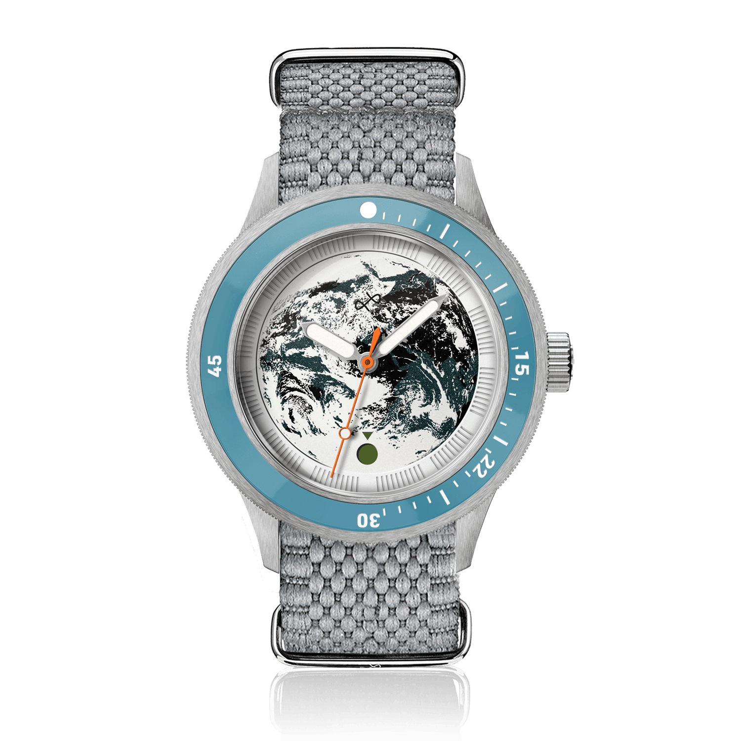 Earthrise WWF Partnership, Automatic / 2026 Edition by AV86 with blue bezel and gray woven NATO strap featuring Earth dial.