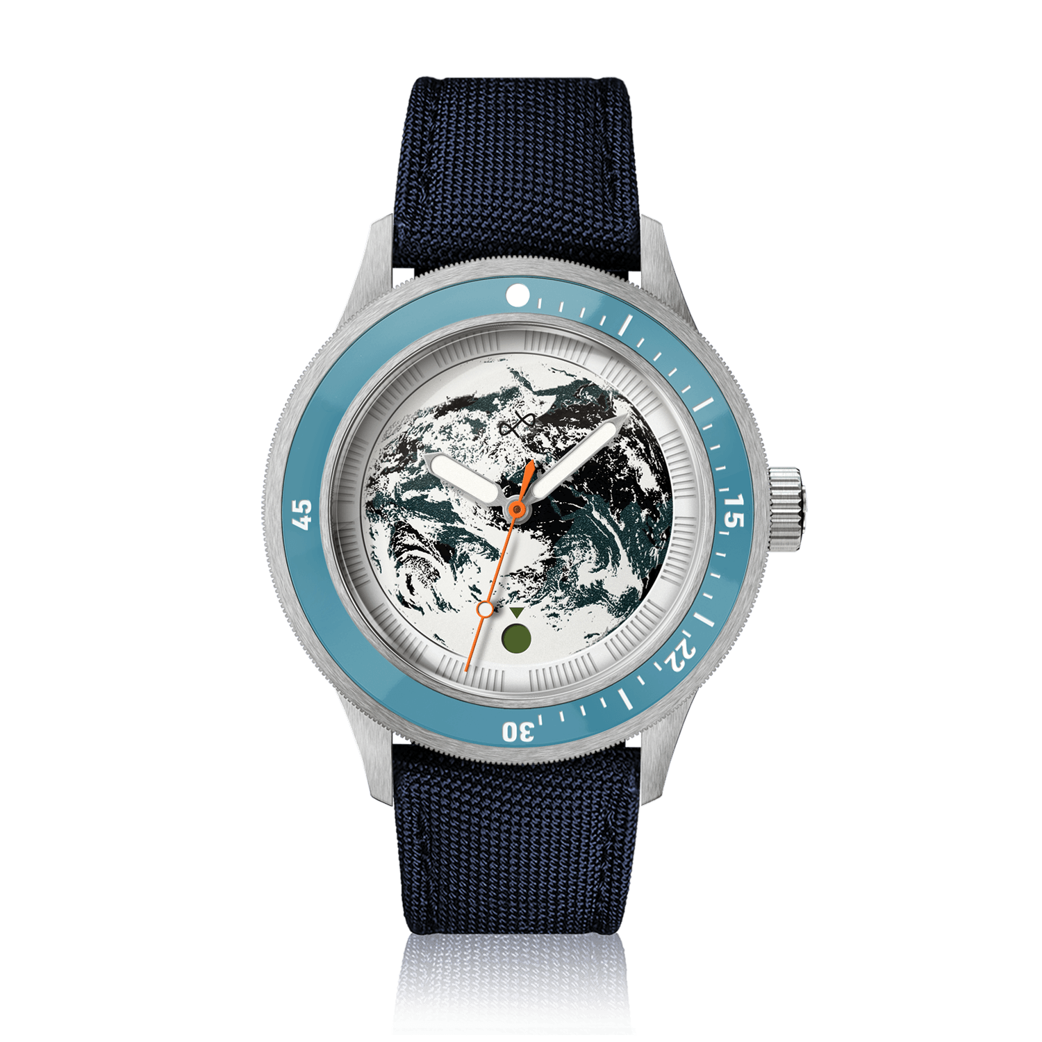 Earthrise WWF Partnership, Automatic / 2026 Edition by AV86 with navy blue Cordura strap, sky blue bezel, and Earth motif dial.