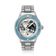 Earthrise WWF Partnership, Automatic / 2026 Edition by AV86 with polished stainless steel link bracelet and light blue bezel ring.