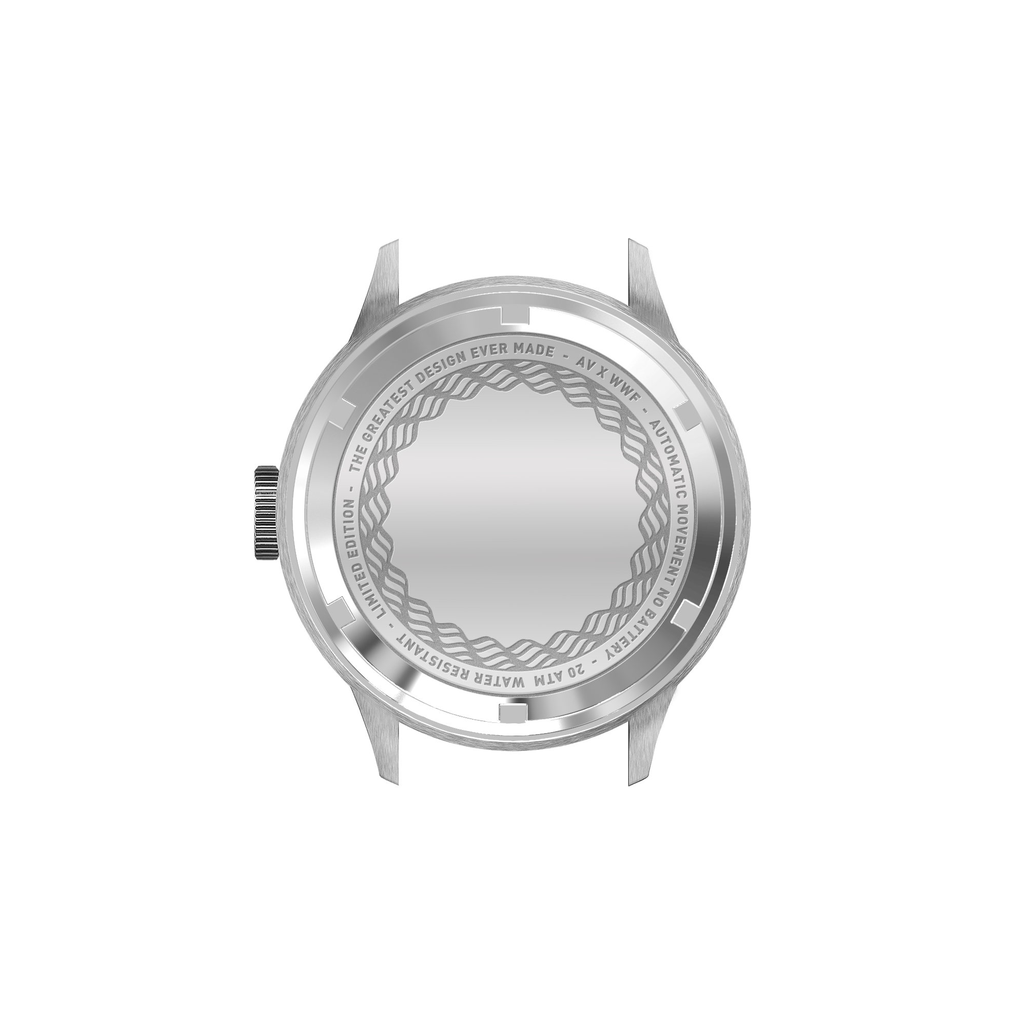 VB Kong Hans Eg, Limited Edition by AV86 watch case back with engraved text, wave pattern, and brushed metal finish