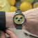 1564 Chronodate Automatic by AV86 vintage-inspired chronograph with sapphire crystal, textured dial, and suede leather strap on wrist