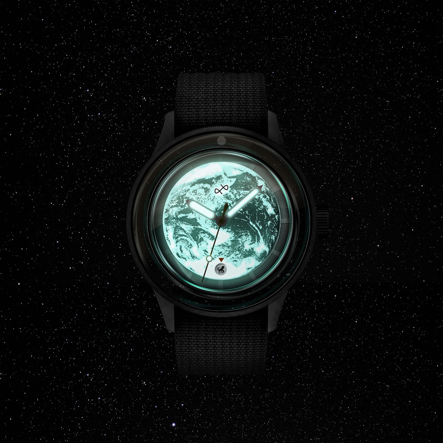 Earthrise WWF Partnership, Automatic / 2025 Edition by AV86 automatic watch with luminous Earth dial, sapphire crystal, and fabric strap