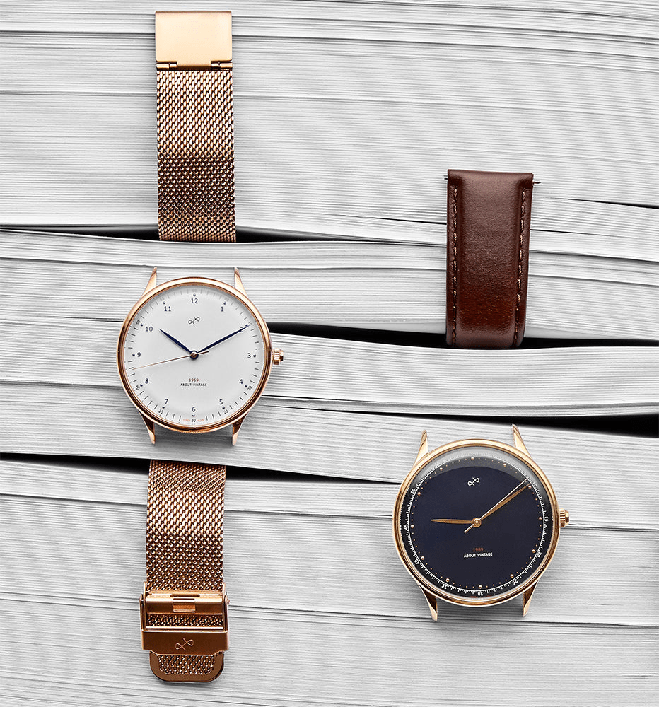 1969 Vintage, Gold / Midnight Blue - Special Edition – 39mm by AV86 with minimalist dial, quartz movement, mesh and leather straps