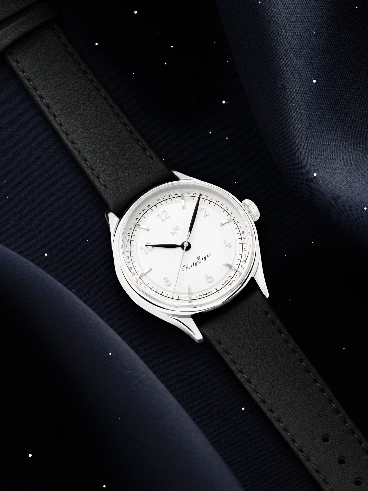 1968 Sixtyeight by AV86 vintage-inspired dress watch with minimalist dial, sapphire crystal, and black leather strap