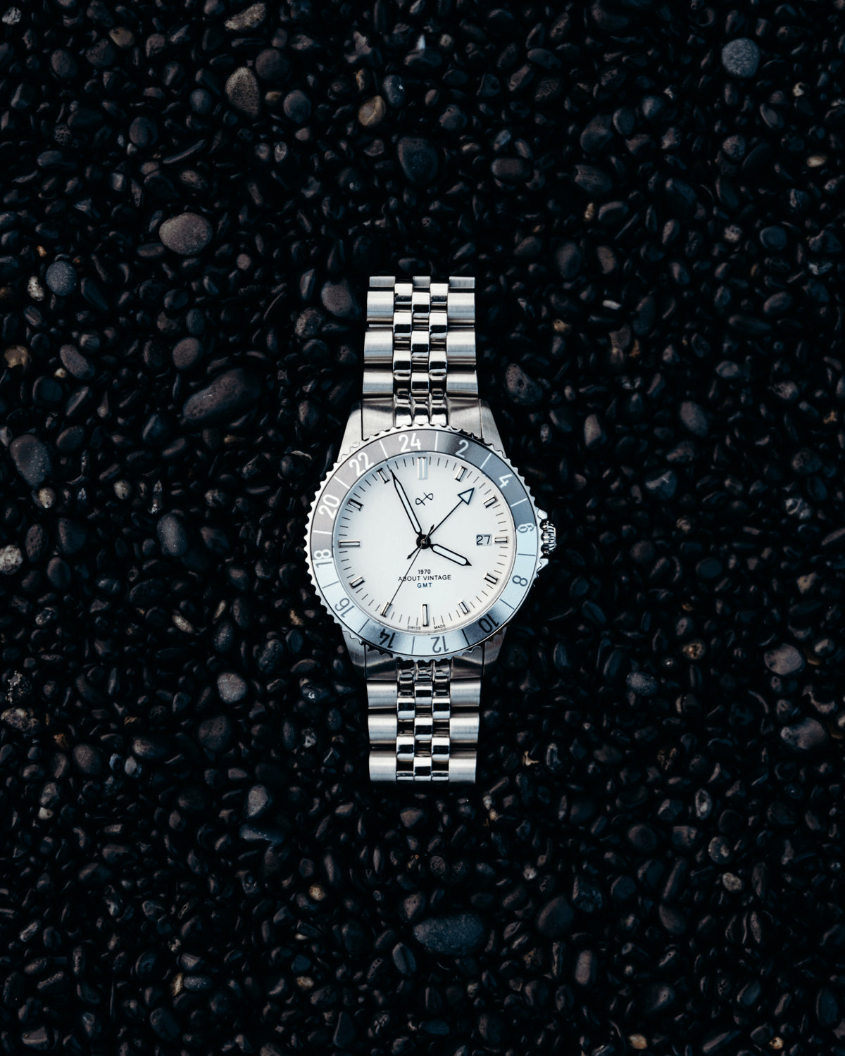 1970 Glacier GMT Automatic by AV86 luxury timepiece with Swiss automatic movement, GMT bezel, sapphire crystal, and steel bracelet