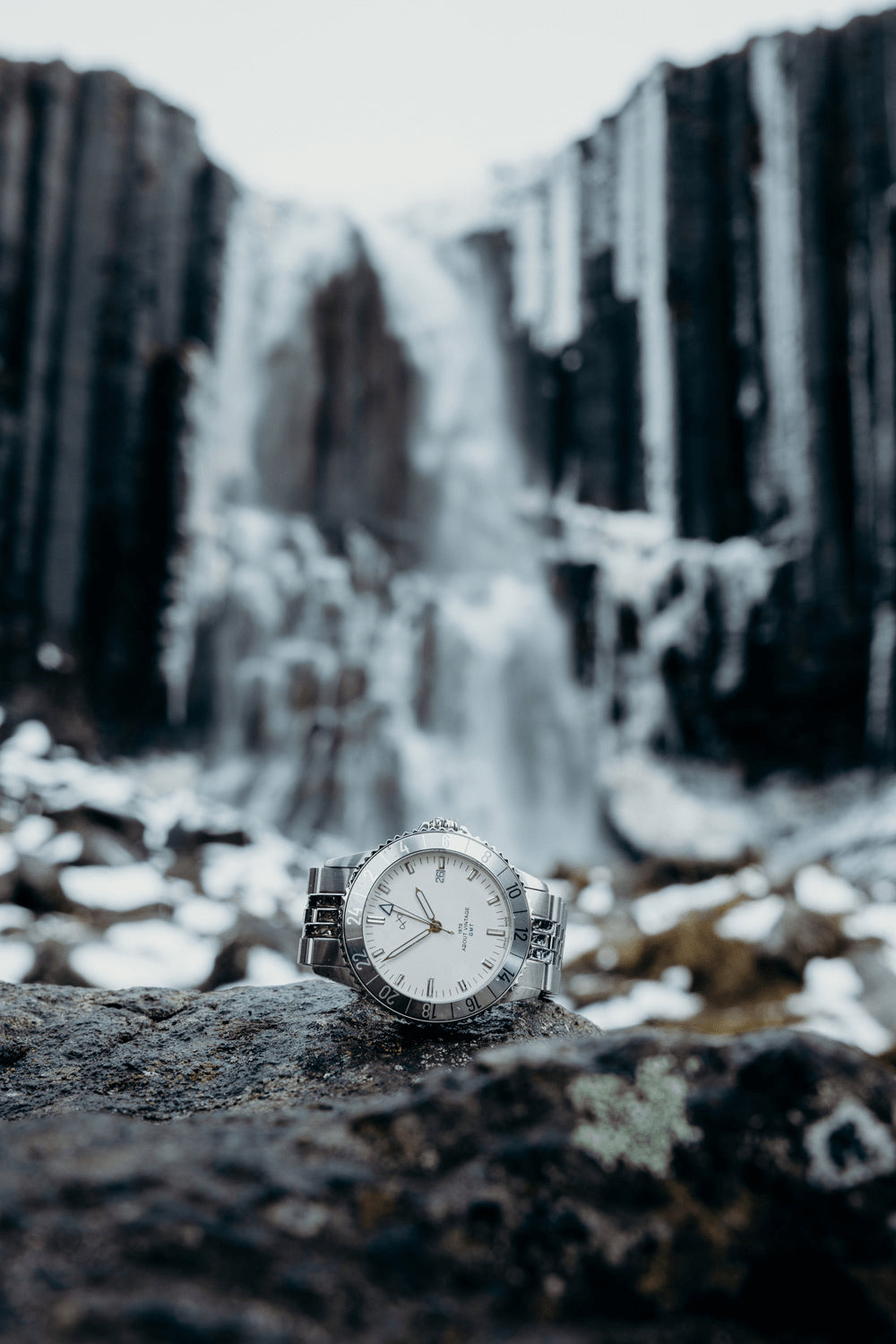 1970 Glacier GMT Automatic by AV86 luxury Swiss GMT watch with sapphire crystal, stainless steel bezel, and metal bracelet strap