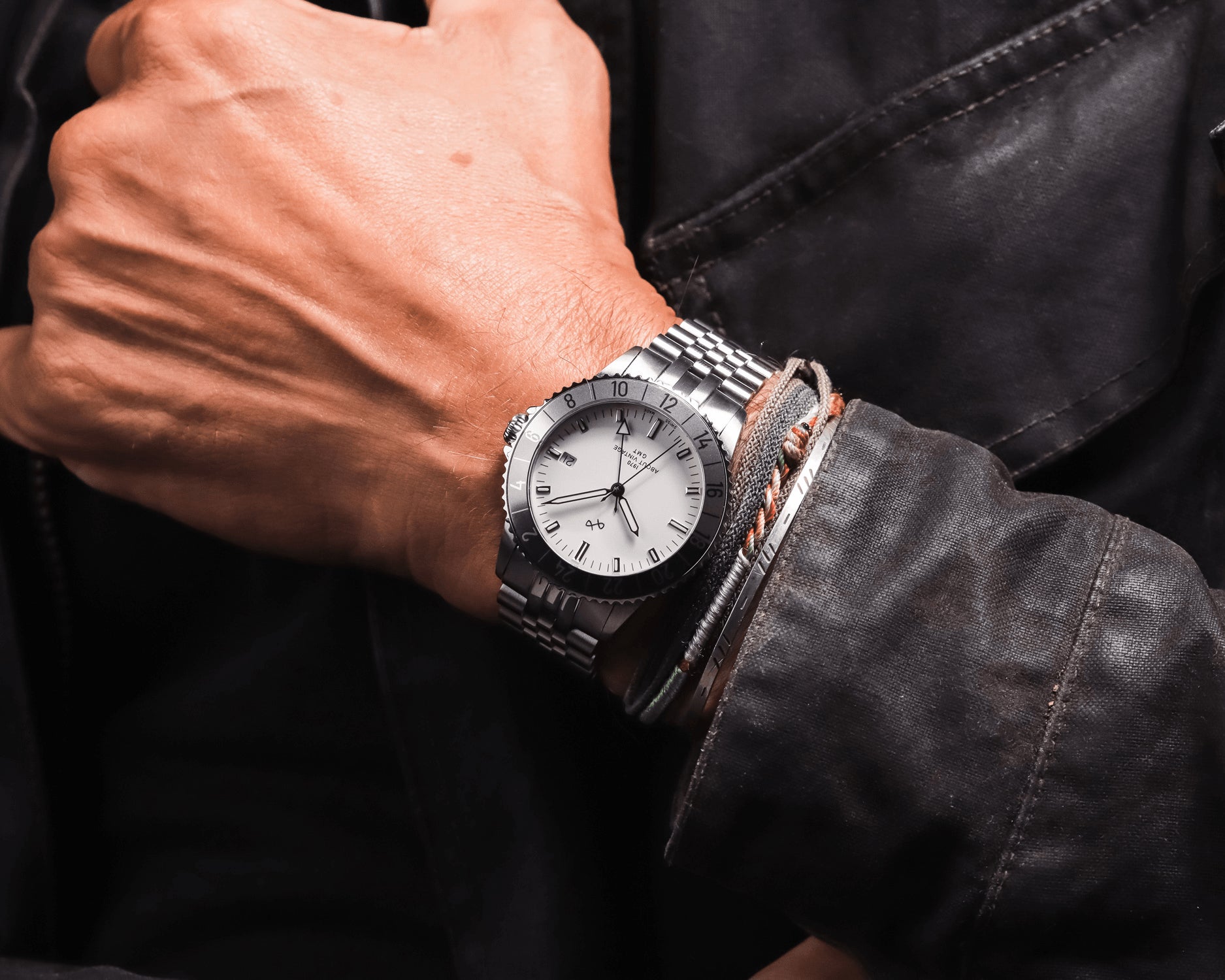 1970 Glacier GMT Automatic by AV86 luxury GMT watch with sapphire crystal, precision bezel, and stainless steel bracelet strap