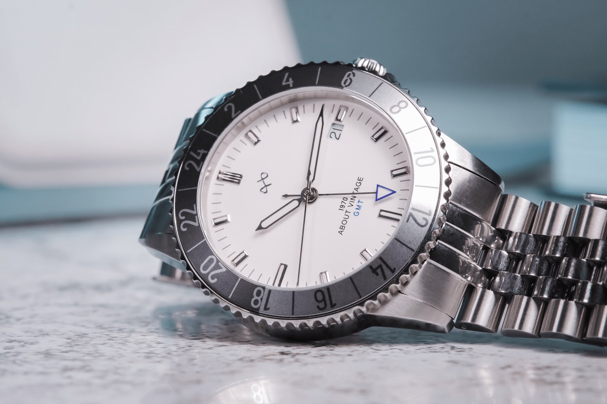 1970 Glacier GMT Automatic by AV86 with vintage-inspired dial, GMT bezel, sapphire crystal, and polished metal bracelet strap