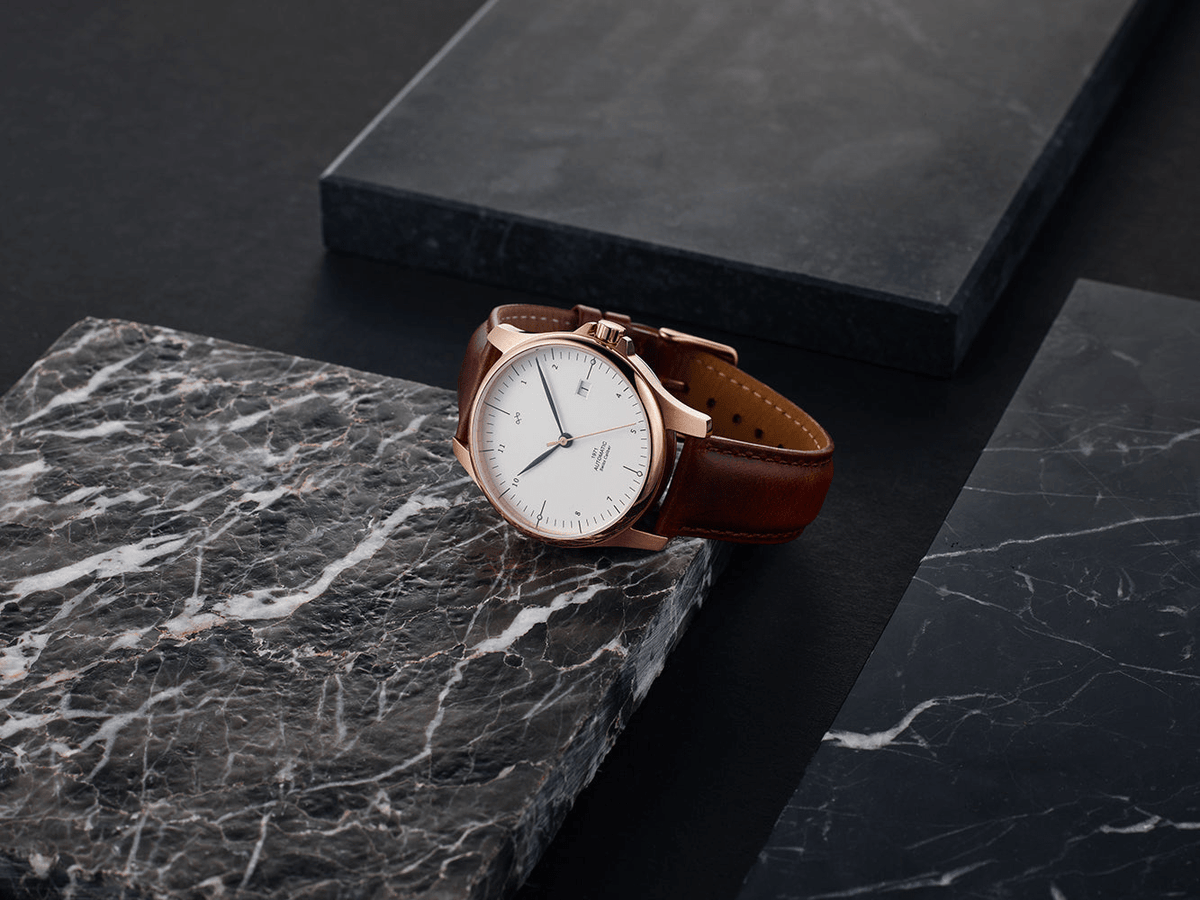 1971 Automatic, Rose Gold / White - Swiss Made by AV86 luxury automatic watch with sapphire crystal and brown leather strap