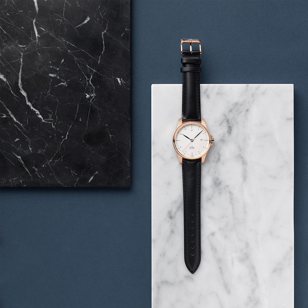 1971 Automatic, Rose Gold / White - Swiss Made by AV86 luxury automatic watch with sapphire crystal and black leather strap