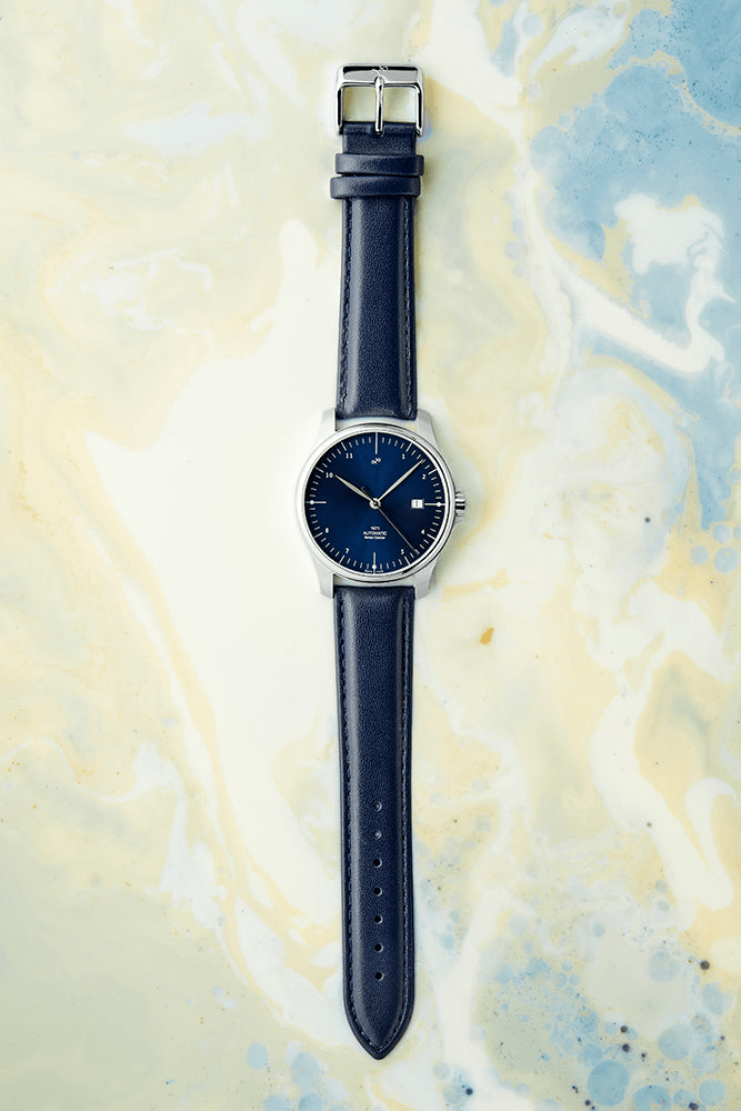 1971 Automatic, Night Blue - Swiss Made by AV86 luxury automatic watch with sapphire crystal and leather strap