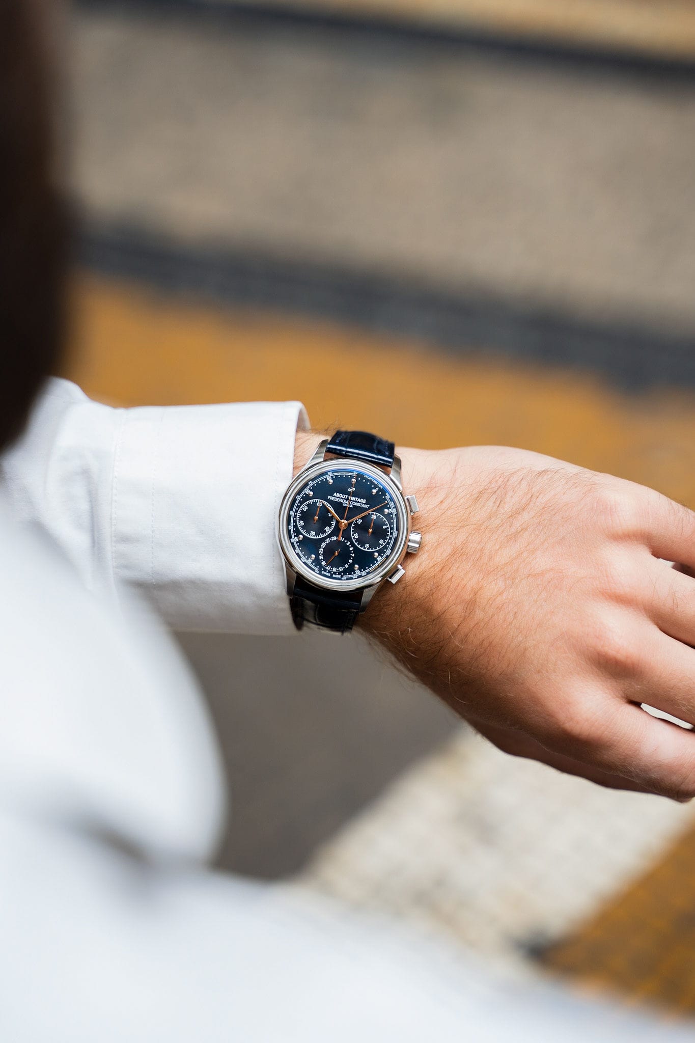 1988 Flyback, Chronograph / Limited Edition by AV86 vintage-inspired chronograph with sapphire crystal and leather strap on wrist
